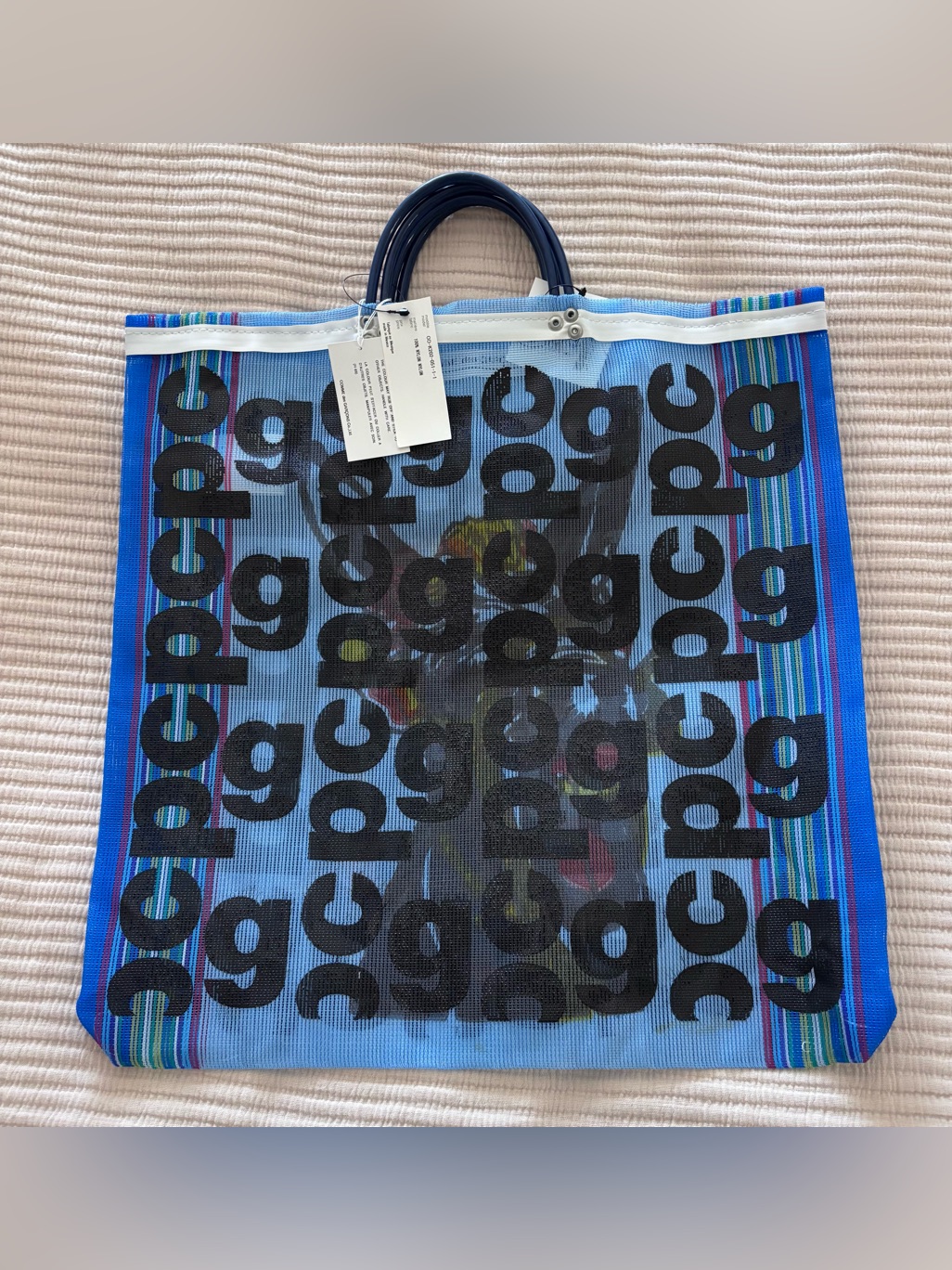 Cdg Comme Des Garons Blue Mesh Market Tote With Bold Black Logo Pattern